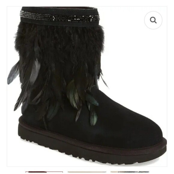NEW UGG Black Suede Swarovski   Peacock Sheep Fur Lined Boots Sz 8 - Picture 2 of 11